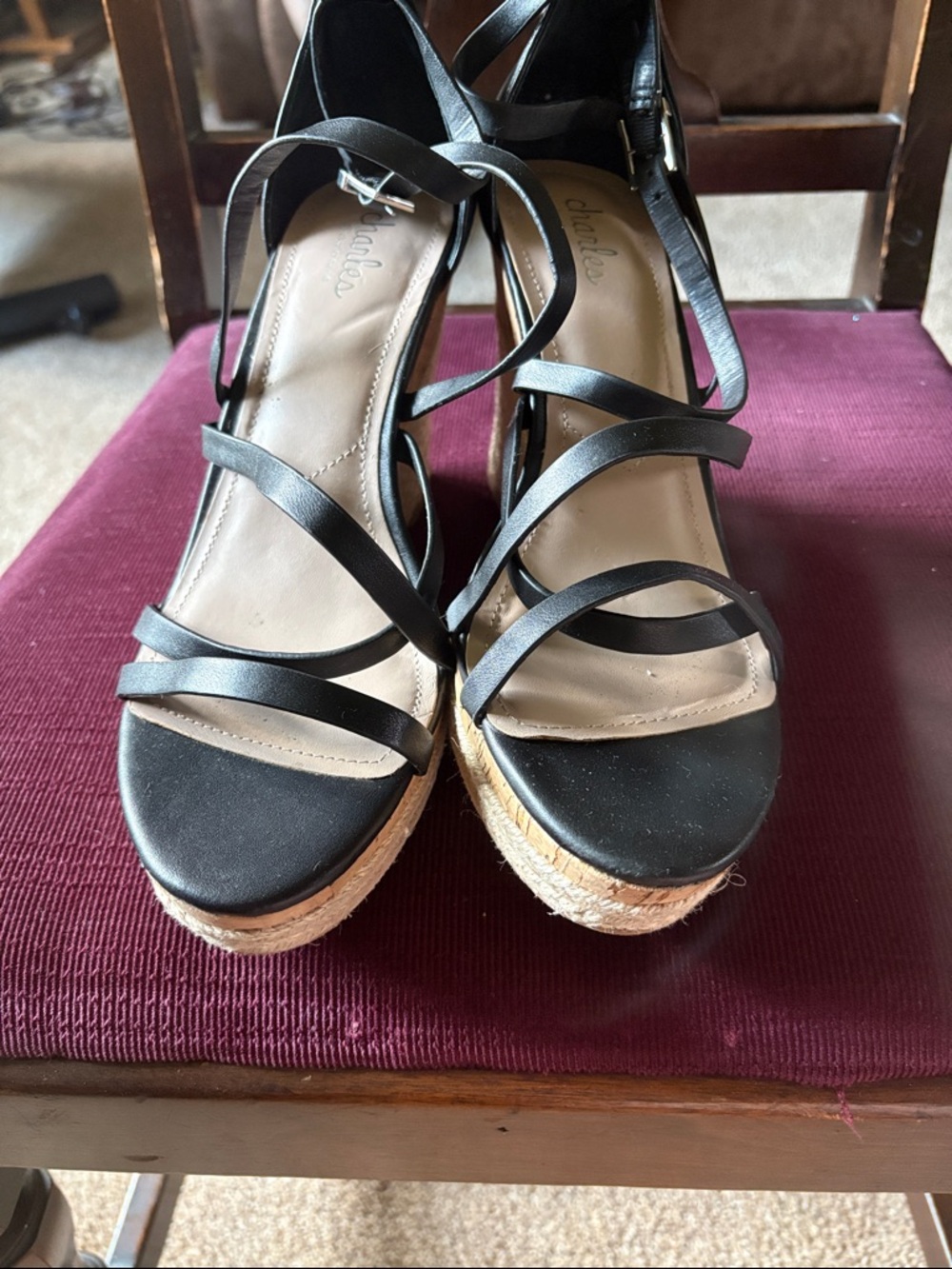 Charles By Charles David Black Strappy Espadrille Wedge Sandals